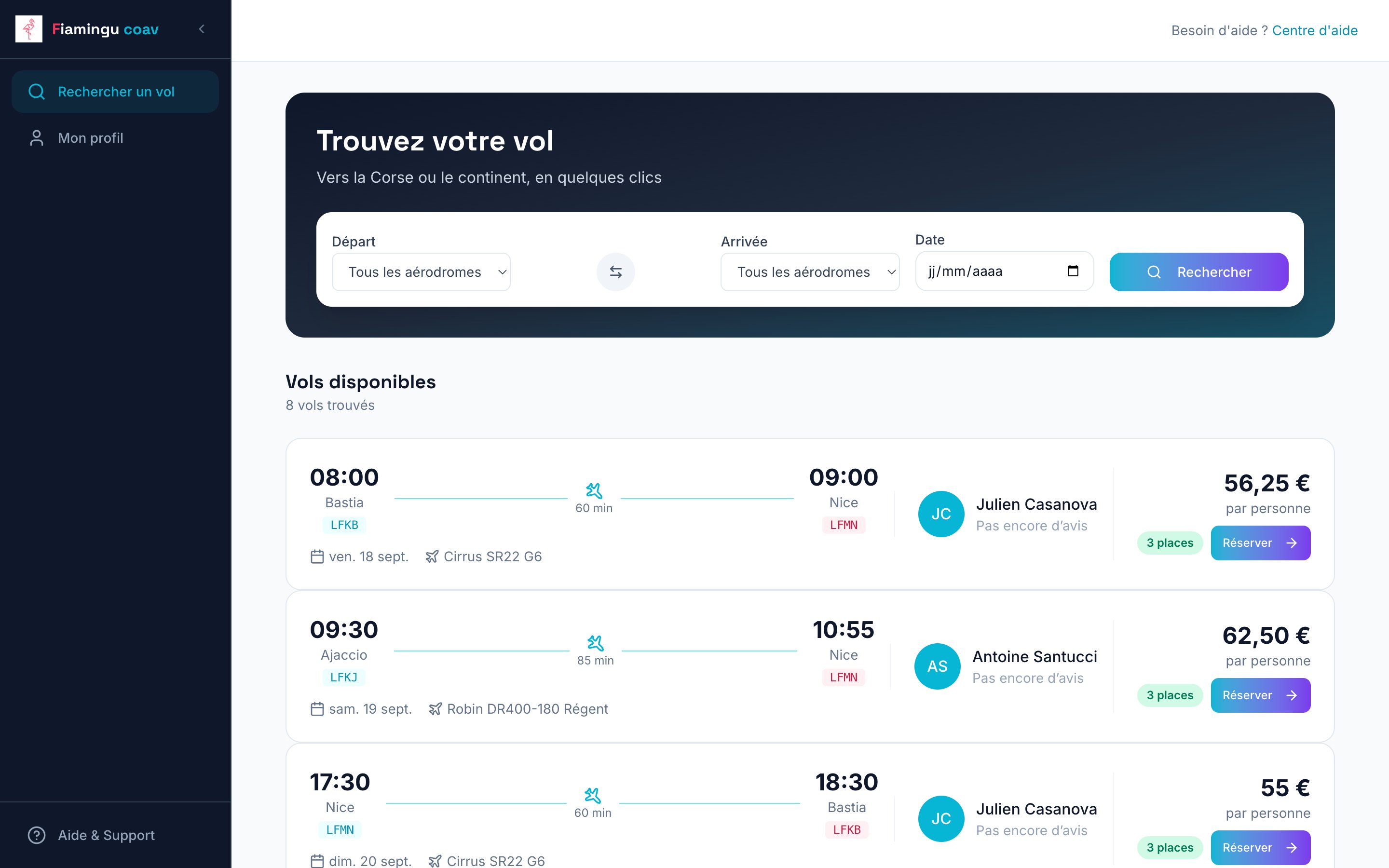 Recherche de vols : départ, arrivée, date, et les vols disponibles avec leur prix par personne.